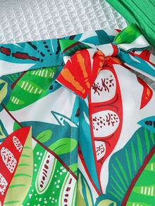 2 piezas/Conjunto Blusa verde con textura y hombros descubiertos y pantalones palazzo con estampado total para niña preadolescente, conjunto de vacaciones de verano - Verde - Ver 3