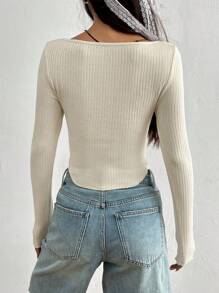 Flirla Áo thun nữ tay dài màu trơn, dáng ôm, áo len gân mùa xuân và mùa hè, áo len crop top gợi cảm - Màu be - Xem 2