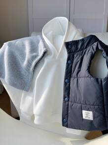 SHEIN Leap Crew 年轻男孩 3 件套休闲韩版字母印花连帽运动衫和宽松慢跑裤和加垫背心，温暖冬季服装，适合学校、花园、海滩、生日，适合春、夏、秋、冬服装 - 彩色 - 查看 15