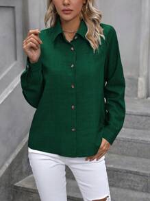 EMERY ROSE Camisa casual de manga larga con cierre de botones delantero para mujer, Blusas de manga larga - Verde Oscuro - Ver 6