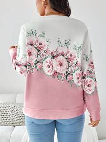 SHEIN LUNE Große Größen Langarm T-Shirt mit Blume Muster, Stehkragen und Reißverschluss für Herbst & Winter, Rosa Reise Flughafen T-Shirt - Pink - Übersicht 6