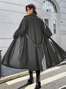 SHEIN Unity Áo khoác len có cổ màu trơn có cổ Plus Size cho nữ, áo khoác len dài thanh lịch một hàng khuy, mùa thu đông - Màu xám đen - Xem 2