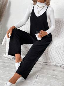 SHEIN LUNE Women Solid Color Pocket Casual Daily Jumpsuit - Black - View 1