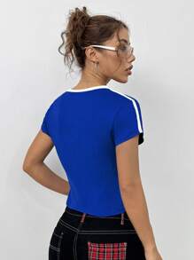 SHEIN Unity 女士休闲法国国旗印花短款 T 恤，夏季 - 藍色 - 查看 2