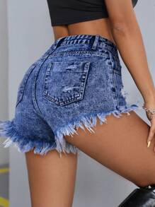 SHEIN PETITE Summer Distressed Raw Hem Denim Shorts