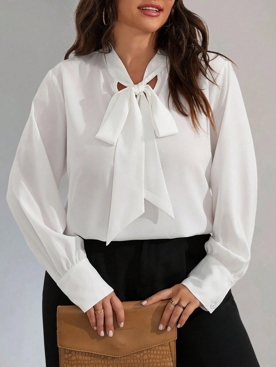 SHEIN Unity Plus Tie Neck Solid Blouse - White - View 1