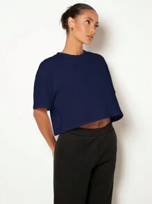 SHEIN BASICS Drop Shoulder Solid 100% Cotton Crop Tee - Navy Blue - View 4