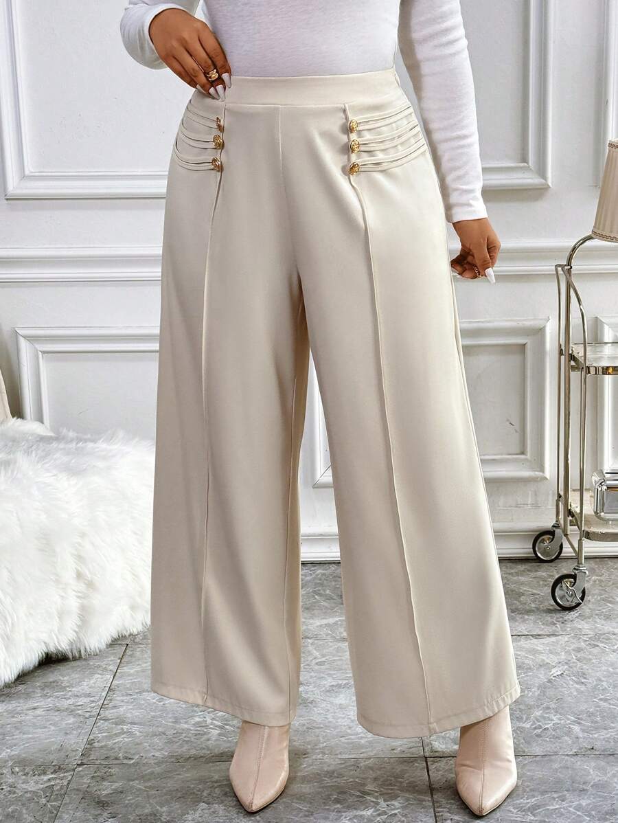 Flirla Plus Size Women's Solid Color Casual Pants With Button Decor - Apricot - View 1