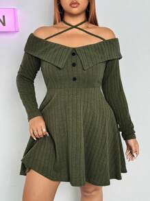 SHEIN ICON Vestido de manga larga con cuello vuelto y hombros descubiertos de talla grande - Verde militar - Ver 1