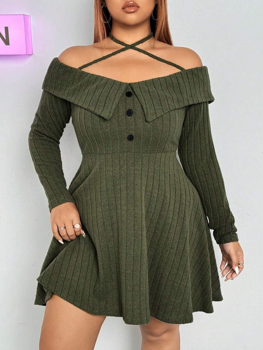SHEIN ICON Vestido de manga larga con cuello vuelto y hombros descubiertos de talla grande - Verde militar - Ver 1