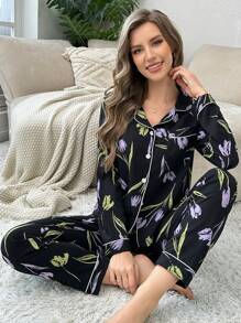CottageSlumber Women's Tulip Print Long Sleeve Button-Up Top & Pants Pajama Set, Fall Winter Clothes - Black - View 4
