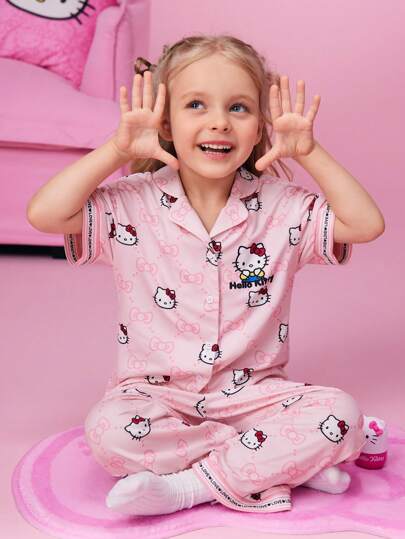 HELLO KITTY AND FRIENDS | SHEIN Young Girl Pink Cartoon Print Top And Comfortable Straight Pants Pajama Set