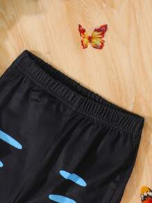 2 piezas Conjunto de 2 piezas con parte superior de manga abullonada con cuello redondo cómoda y pantalones con diseño desgastado de estampado de mariposa para niñas jóvenes