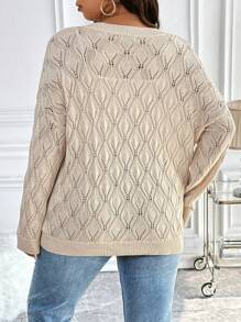 Vionelle 大码圆领长袖纯色简约休闲镂空菱形套头毛衣，适合冬季