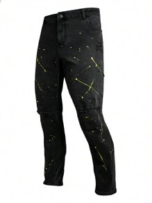 Manfinity LEGND Plus Size Men's Black Denim Jeans With Splatter Street Graffiti Print, Skinny Fit - Black - View 1