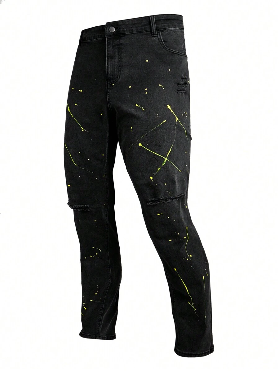 Manfinity LEGND Plus Size Men's Black Denim Jeans With Splatter Street Graffiti Print, Skinny Fit - Black - View 1