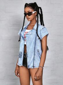 Women's Summer Patchwork Fringed Zipper Front Sleeveless Casual Denim Blouse - Blue - View 7