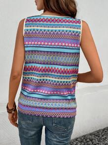 INAWLY Women's Casual Geometric Printed Keyhole Neck Summer Tank Top - Purple - View 2