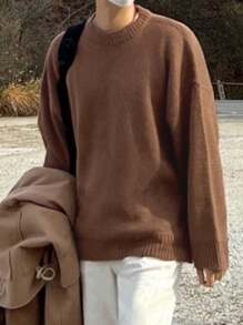 DAZY Men's Solid Color Crew Neck Casual Knitted Brown  Sweater, Fall