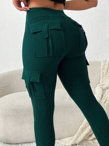 SHEIN SXY Bộ quần legging bó sát dài đến mắt cá chân phong cách thường ngày trở lại trường dành cho nữ mùa thu - Màu xanh lá cây đậm - Xem 4