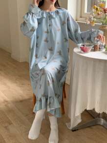 DAZY Cute Bear Pattern Ruffle Hem Loose Sleep Dress, Moo Moo, Fall Pajama, Winter - Blue - View 4