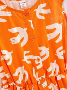 THE HAPPY LOOK 青少年女孩海鸥印花橙色编织棉质无袖休闲收腰度假连衣裙，春夏 - 橘色 - 查看 5