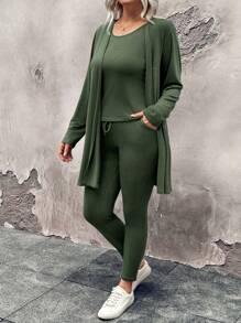 Plus Size Women's Solid Color Minimalist Casual Top And Pants 2pcs Set - Army Green - View 1