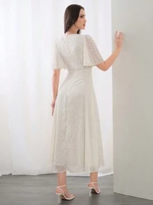 Modelyn 女士 V 领荷叶边袖时尚派对聚会配套连衣裙，优雅晚会礼服长款晚礼服 - 杏色 - 查看 2