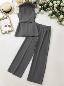 Mulvari Women's Solid Color Notched Collar Vest And Wide Leg Pants Casual Suit, Summer 2 Piece Set