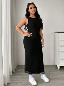 SHEIN EZwear Plus Size Women's Solid Color Minimalist Daily Sleeveless Mesh Slit Pleated Dress - Black - View 6
