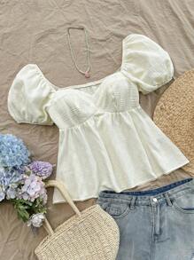 Soleia Women's Vacation Apricot Textured Shirred Puff Sleeve Ruffled Hem Backless Casual Shirt, Suitable For Afternoon Tea And Graduation - Beige - View 1