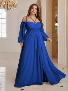 SHEIN Belle Off-Shoulder Long Sleeve Elegant Bridesmaid Dress Plus Size Bridesmaid Dress - Royal Blue - View 3