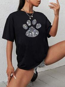 INAWLY Paw Print Short Sleeve T-Shirt - Black - View 1