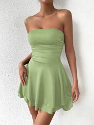 Allurite Einfarbiges, gerafftes Taillenkasual Trägerkleid mit mehrstufigem Saum