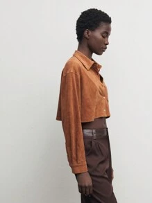 BizChic Brown Suede-Like Loose Cropped Long Sleeve Casual Shirt, Autumn - Brown - View 4