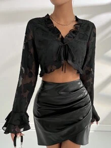 Zolique Black Textured Chiffon Tie Front Frilly Crop Top - Black - View 6