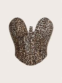 SHEIN ICON Leopard Print Corset Crop Top With Waist Tie And Bust Cups