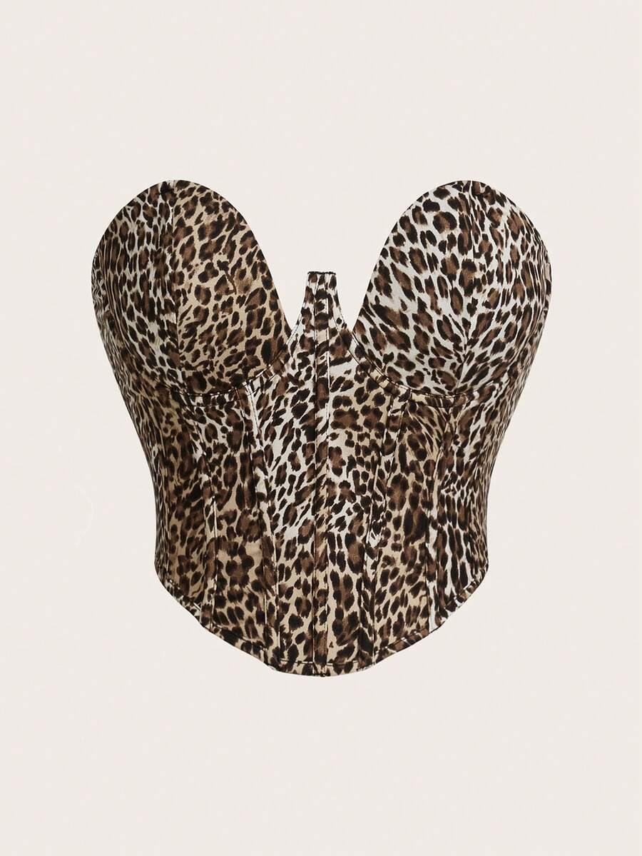 SHEIN ICON Leopard Print Corset Crop Top With Waist Tie And Bust Cups