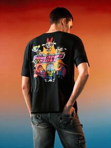 THE POWERPUFF GIRLS X SHEIN Áo thun tay ngắn in chữ và hoạt hình Unisex 1 chiếc, mùa hè - màu đen - Xem 1