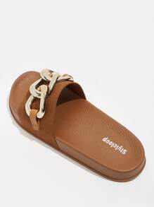 Styleloop Woman Shoes Chain Decor Knit Detail Slides For Summer Vacation Shoes Summer Back To School Shoes College Student Shoes Boho Feels Vintage Cottagecore Frenchy Shoes For Casual Beach Style - Rust Brown - View 4