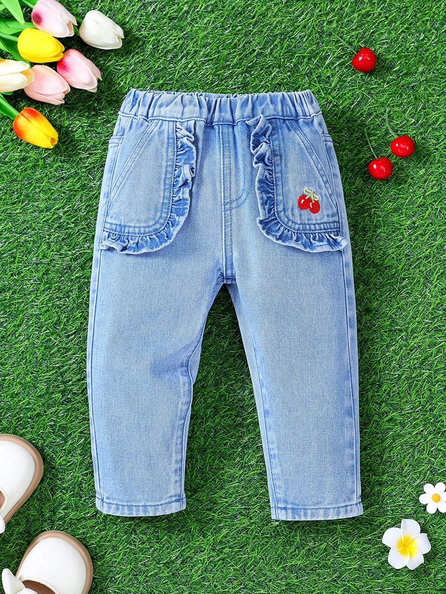 Baby Girls' Fashionable And Sweet Cherry Embroidery Denim Pants With Flounce Hem And Pockets - Medium Wash - View 1