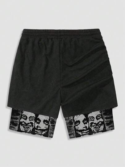 Pantalones cortos casuales con estampa de figura, cintura con cordón, para hombres, para la escuela