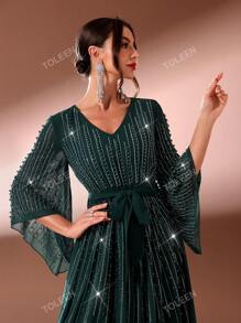 Vestido largo de mujer con escote en V, sin mangas, con brillos, vestido de fiesta, vestido de invitada de boda, vestido formal, vestido de noche