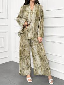 Modelyn Women's Batik Print Drop Shoulder Long Sleeve Top And Loose Casual Pants 2pcs Set, Spring Summer 2 Pieces Set