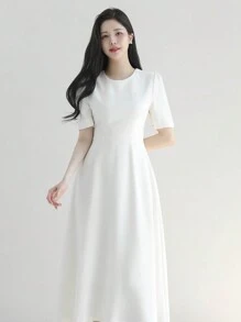 DAZY Women Solid Color Waist Slim Fit Round Neck Dress, White, Spring/Summer Sundress - White - View 1