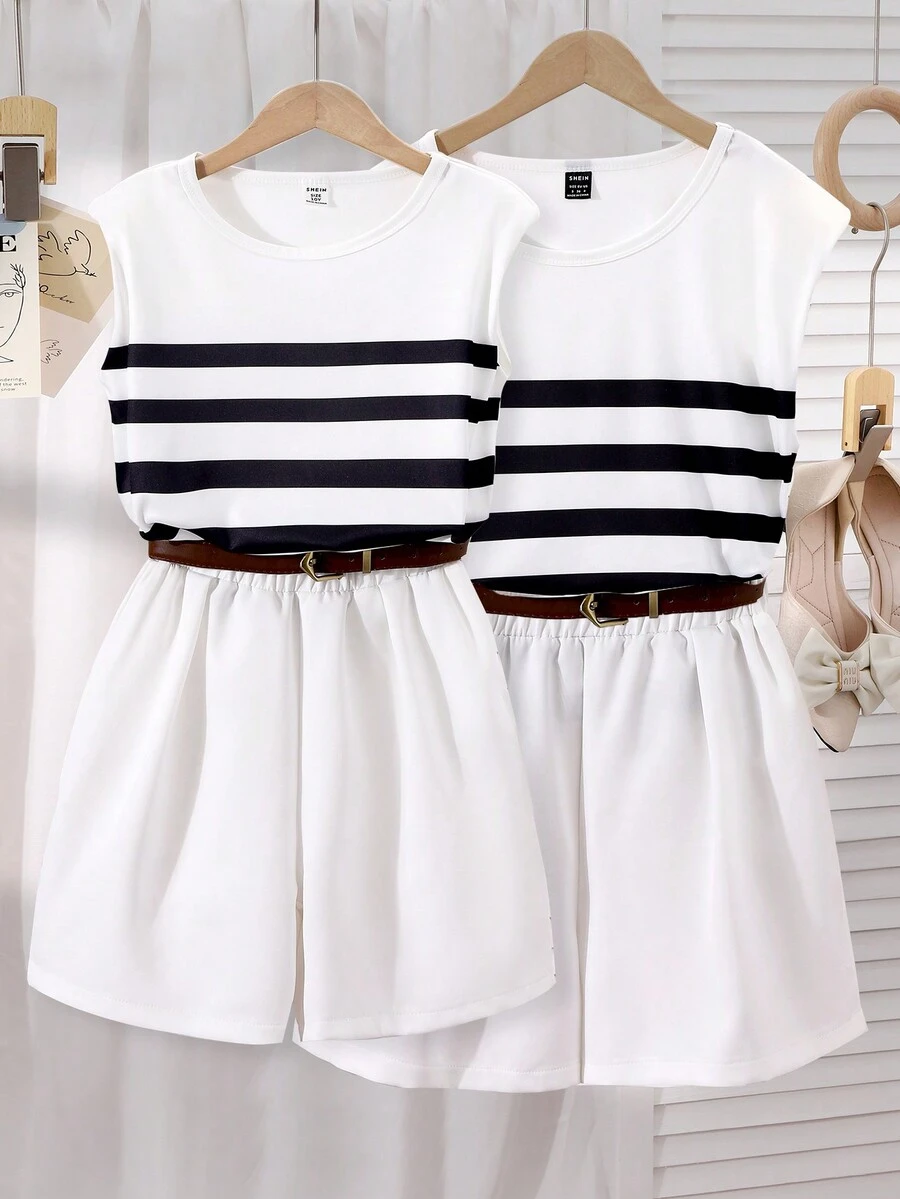 2pcs Tween Girls' Colorblock Striped Crew Neck Sleeveless Top And Shorts Set, Mommy And Me - White - View 1