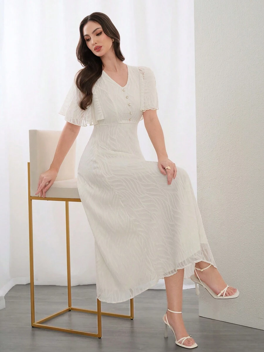 Modelyn 女士 V 领荷叶边袖时尚派对聚会配套连衣裙，优雅晚会礼服长款晚礼服 - 杏色 - 查看 1