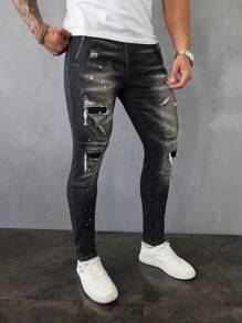 Manfinity LEGND Men's Black Denim Vintage Distressed Color Block Skinny Jeans - Black - View 6
