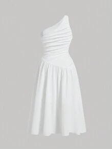 SHEIN MOD 3D 花卉不对称荷叶边大码女式长裙 - 白色 - 查看 3