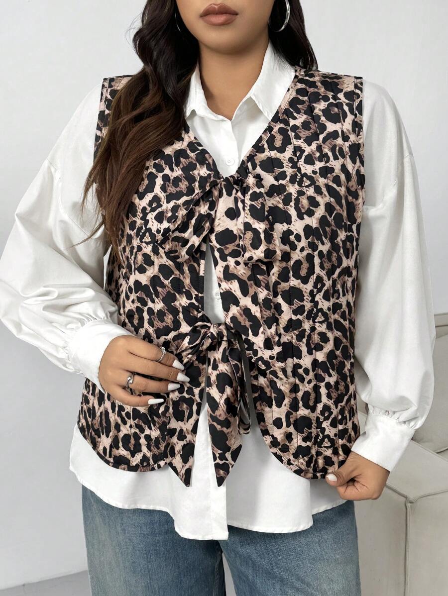 SHEIN EZwear 加大尺碼豹紋蝴蝶結背心，無袖且保暖